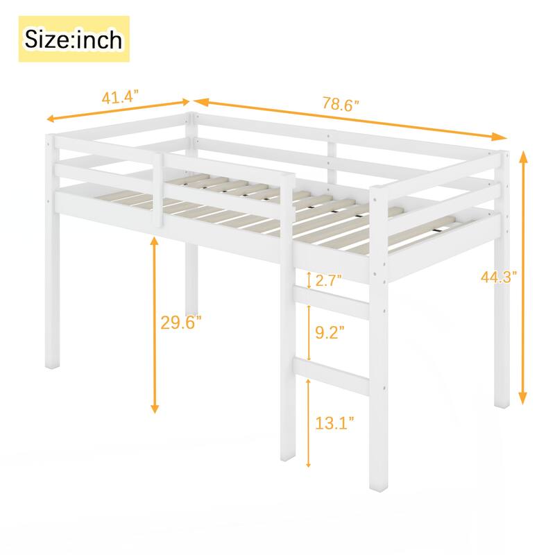 Solid Wooden, Rubber Wooden Twin Loft Bed with Ladder, Bed Platform of Strengthened Slats