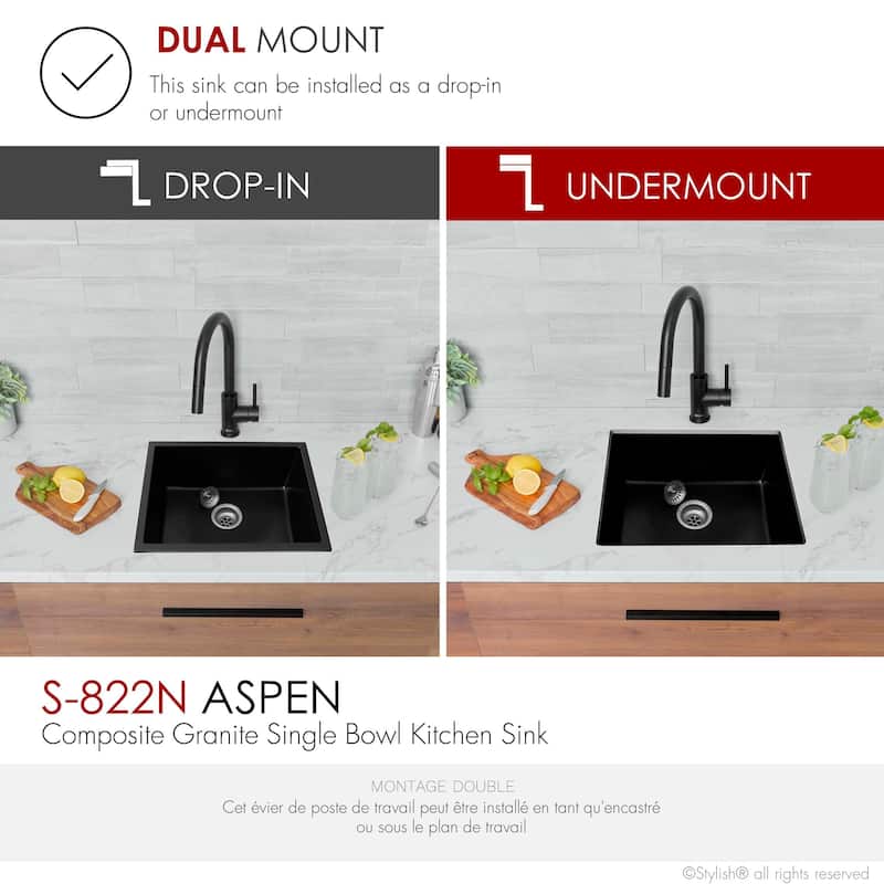 STYLISH Dual Mount 22" Single Bowl Composite Granite Kitchen Sink - 22" x 17.5" x 8.25"