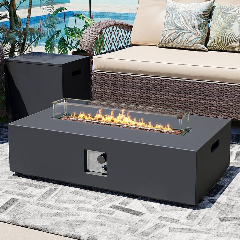 Patio Watcher iron outdoor fire pit table with gas tank cover, lid, and glass wind guard - GRAY 42 Rectangle