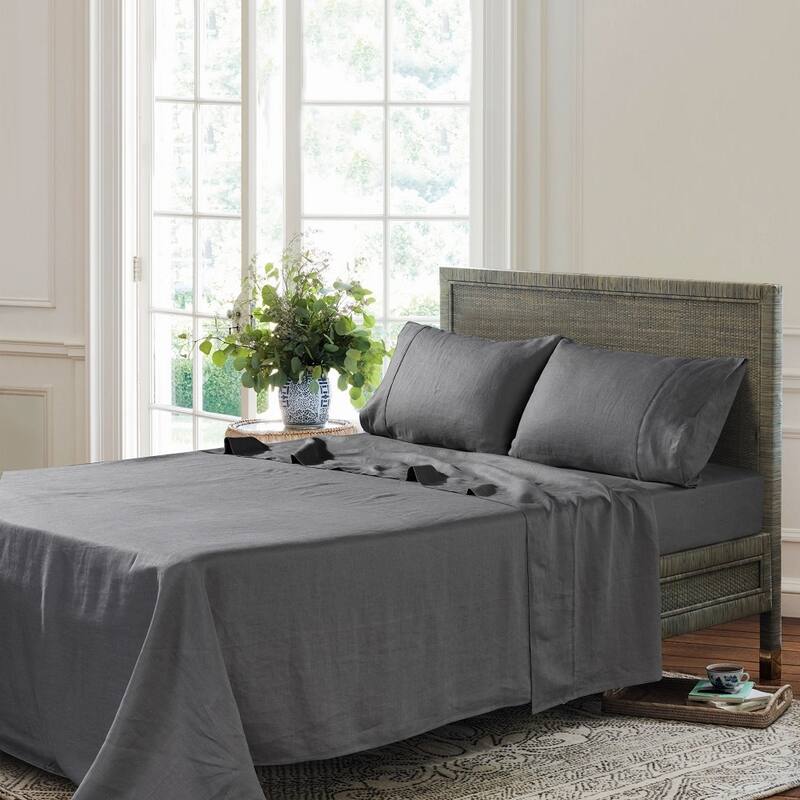 WHOLINENS Stone Washed French Linen Sheets Set 16 Inches Pocket - Queen - Charcoal