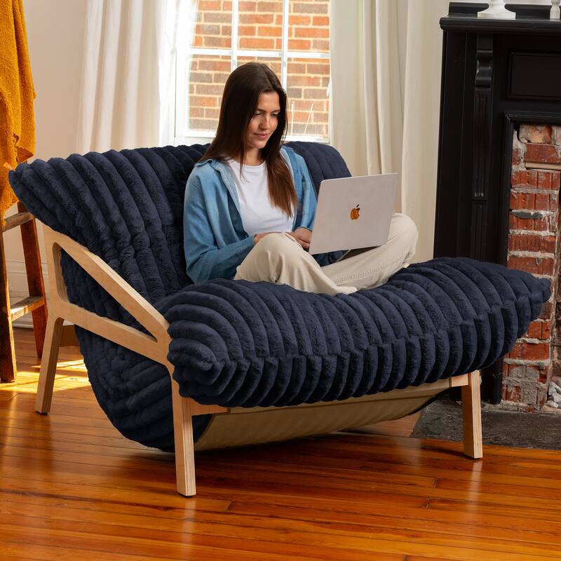 Pillow Saxx Dream Lounger with Wood Frame - 3-in-1 Bean Bag - Mondo Fur Midnight Blue