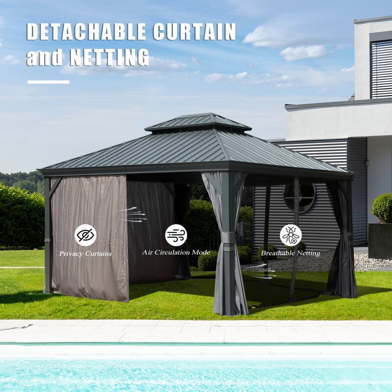 10' X 12' Hardtop Metal Gazebo with Double Roof, Aluminum Frame, Curtains and Netting for Patio, Deck, Garden, Grey