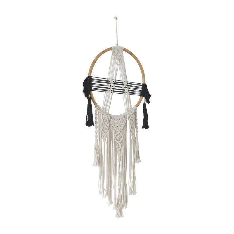 Cotton Fabric Macrame Handmade Intricately Weaved Wall Decor with Beaded Fringe Tassels - Black - Roche River Decor