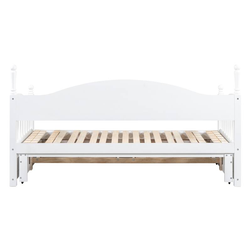 Mid-Century Modern Daybed with Extendable Twin Trundle, Storage Daybed with 2 Drawers, Curved Design Daybed Frame - White