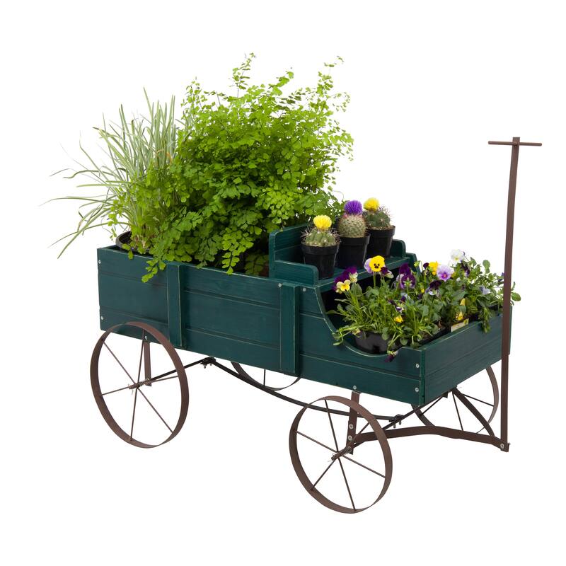 Goldcast Rustic Wagon Garden Planter with Metal Wheels