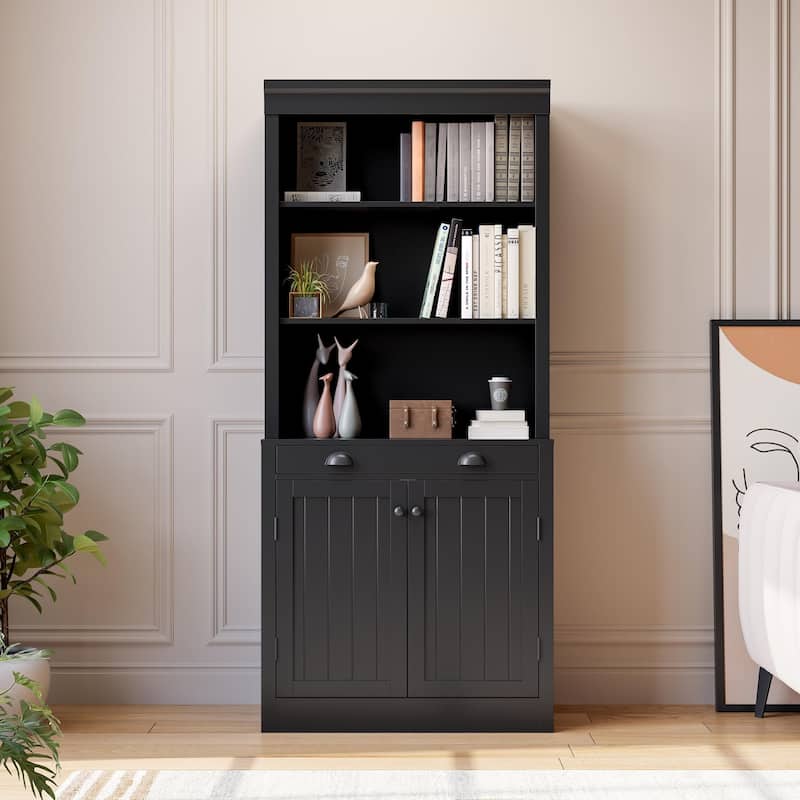5-Tier Bookshelf, 70 Inch Tall Bookcase with 2 Doors and 1 Drawer, Modern Pantry Sideboard with Adjustable Shelf