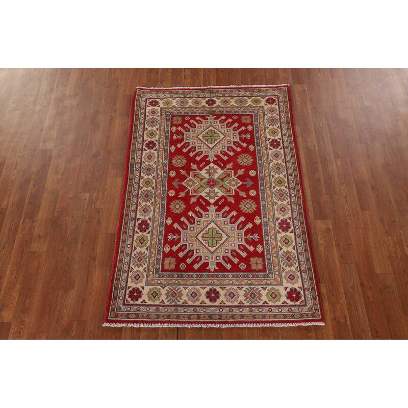 Red Kazak Oriental Accent Rug Handmade Geometric Wool Carpet - 3'3"x 5'0"