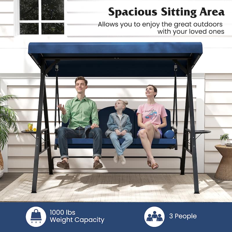 3-Person Patio Swing Chair with Adjustable Canopy and Cushions Side Trays for Outdoor Relaxation - 77" × 47" × 65"
