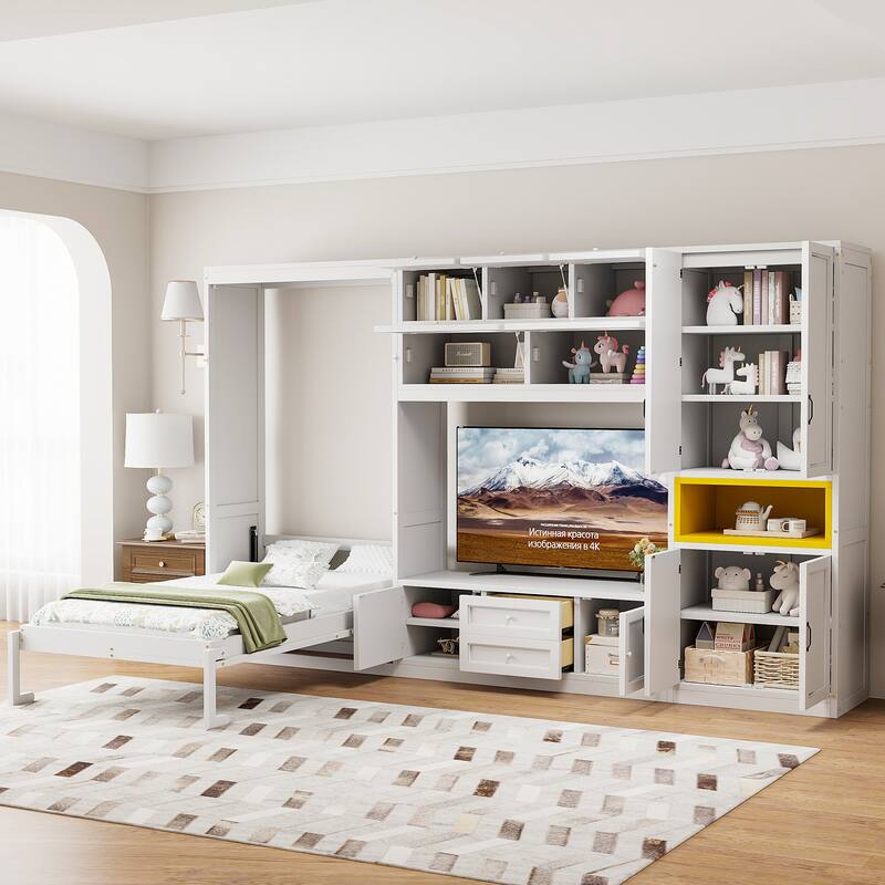 Twin Size Wooden Murphy Bed with TV Stand, Flip-Up Cabinets & Vibrant Accent Storage by Harper&Bright Designs - White