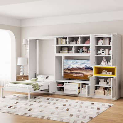 Twin Size Wooden Murphy Bed with TV Stand, Flip-Up Cabinets & Vibrant Accent Storage by Harper&Bright Designs