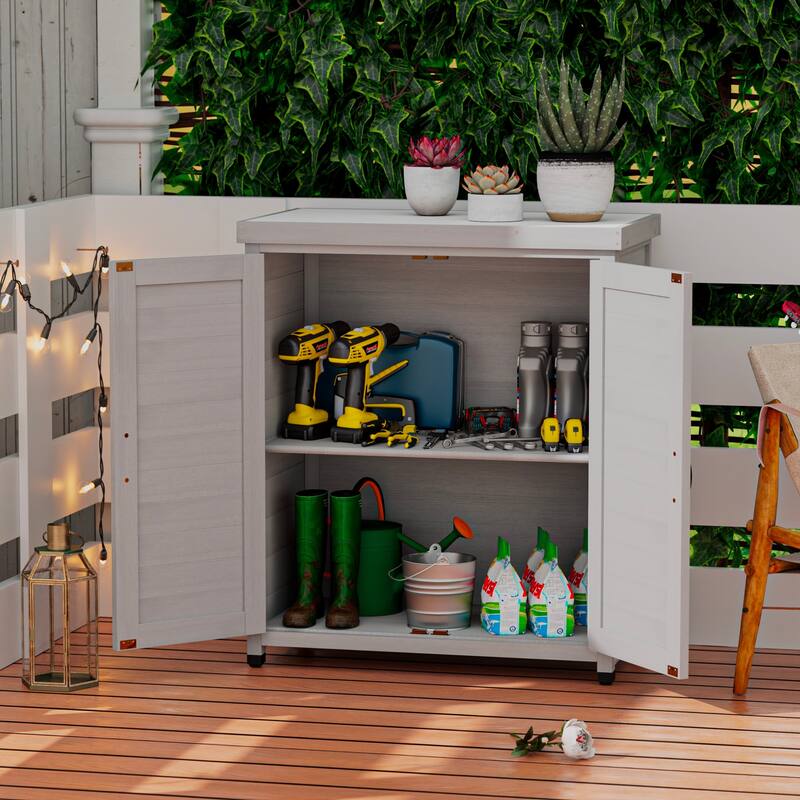 Wooden Patio Furniture with Metal-Tabletop, Potting Bench with Storage Cabinet, Outdoor Patio Storage Cabinet with Shelves