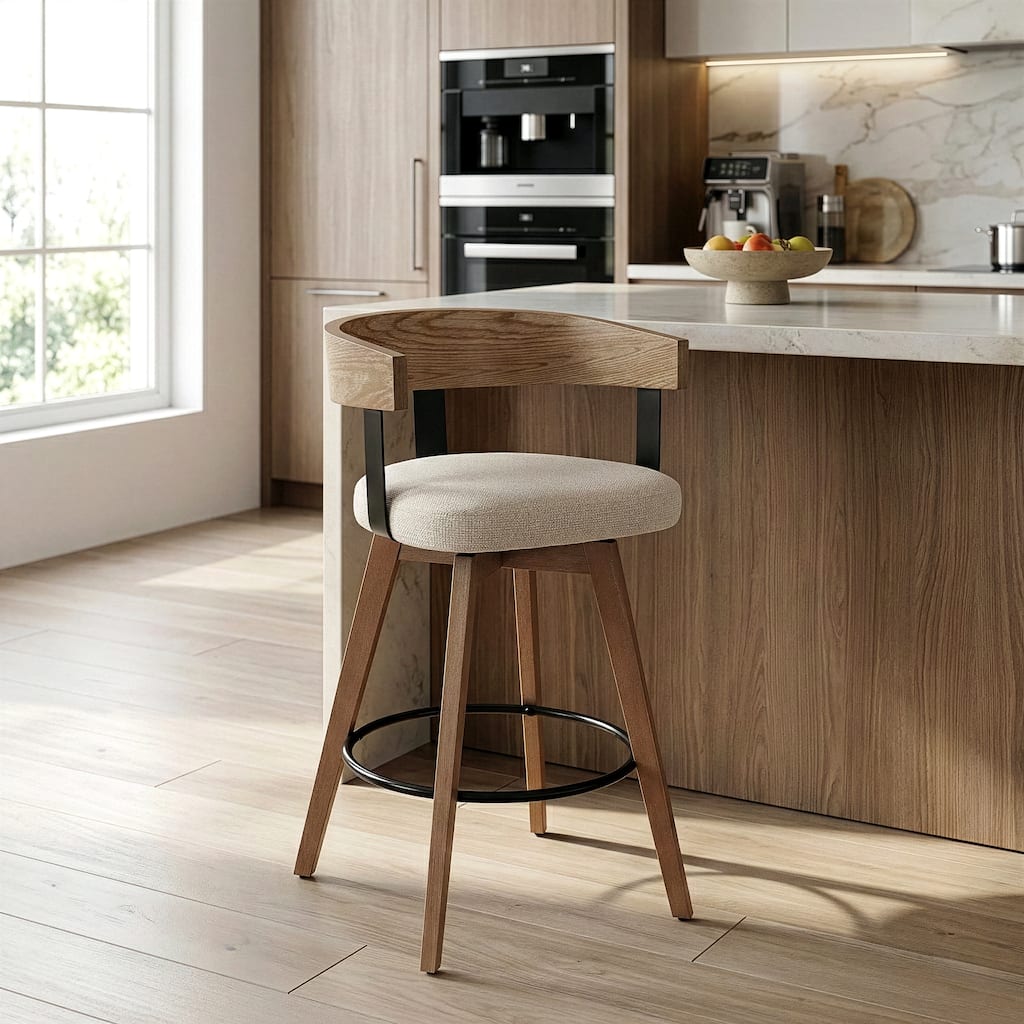 Beck Beige Linen Fabric Counter Stool with Natural Wood Backrest and Legs