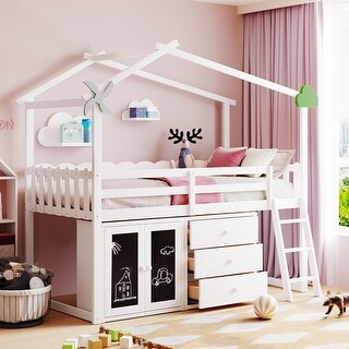 Twin Size House Bed Low Loft Beds for Kids, Wood Playhouse Lofts Bed w ...