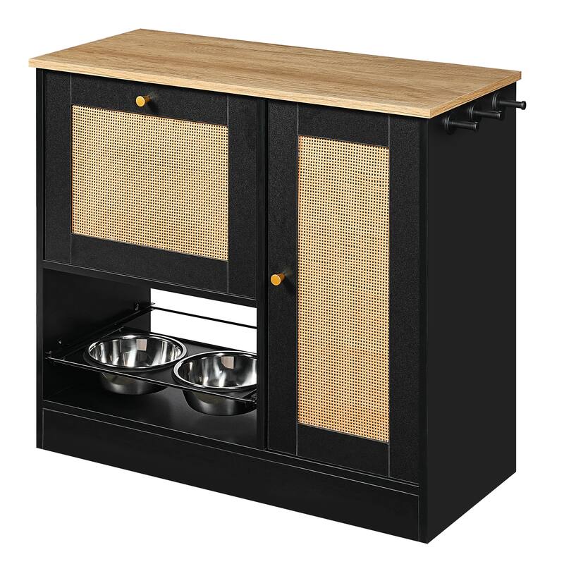 Feeding Station with 2 Lockers, Pet Feeding Station with 2 Elevated Dog Bowls, Side Hooks, Anti-Tipping Kit