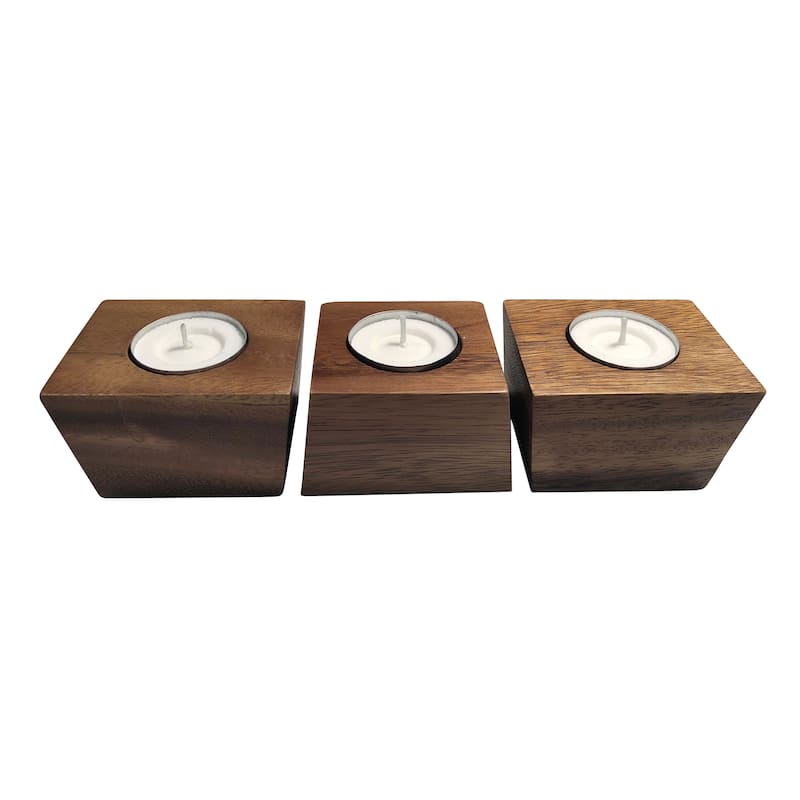 Acacia Wood 3 Piece Tealight Candle Holders - Brown