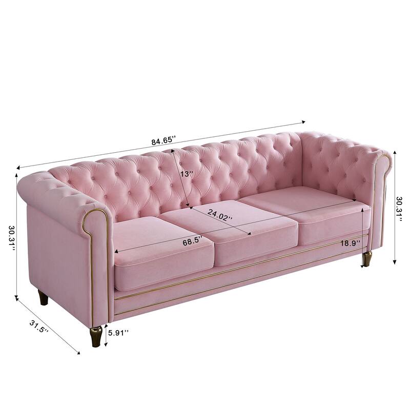 Modern Chesterfield Couch with Button Tufting, High-Density Foam & Gold Accents - 85'' Wide