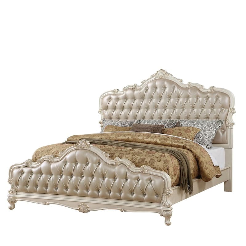 Acme Furniture Chantelle Rose Gold Faux Leather Pearl White Bed