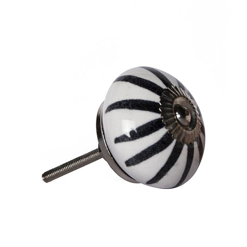 Set of 8 Hand-Painted Black & White Botanical Ceramic Cabinet Knobs Traditional Round Drawer Pulls with Metal Base