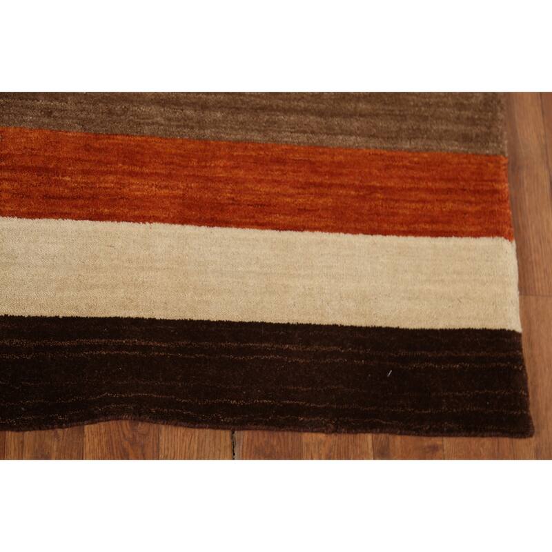 Brown Striped Gabbeh Indian Area Rug Handmade Wool Carpet - 4'10"x 6'11"