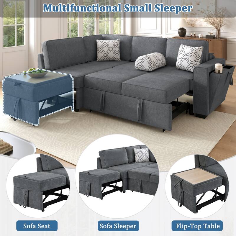 Convertible Sectional Sofa Bed with Flip-Top Table, USB Ports & Cup Holder, Chenille L-Shaped Sofa with Dual Pull-Out Sleepers
