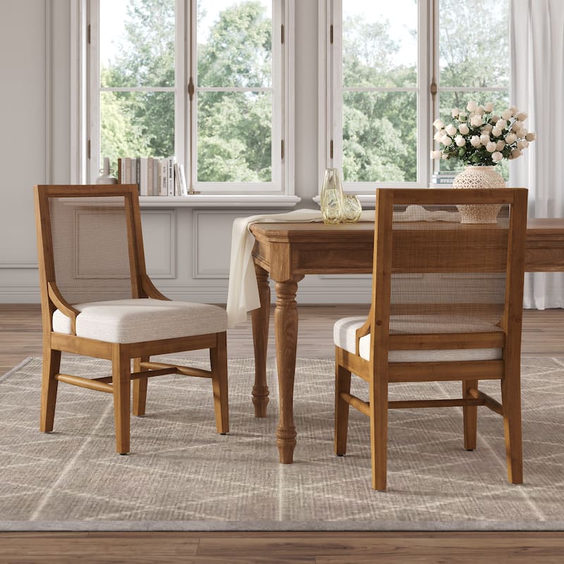 Christopher Knight Home - Upholstered Modern Fabric Chair with Cane Back and Rubber Wood Legs (Set of 2) - Beige,Walnut