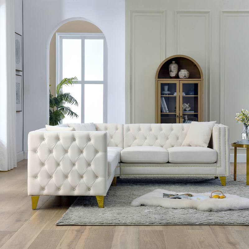 82.2'' Velvet Chesterfield 5-Seater L-Shaped Sofa with Nailhead Trim, Tufted Backrest, and Metal Legs