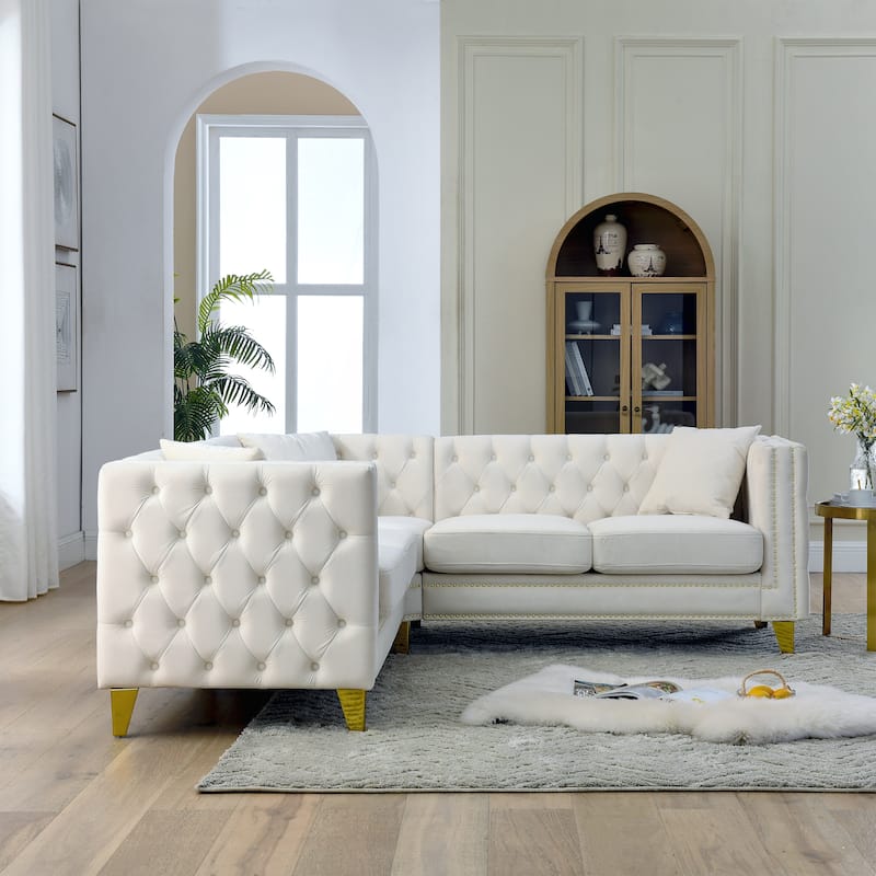 Beige 82.2'' Velvet Chesterfield 5-Seater L-Shaped Sofa with Nailhead Trim, Tufted Backrest, and Metal Legs