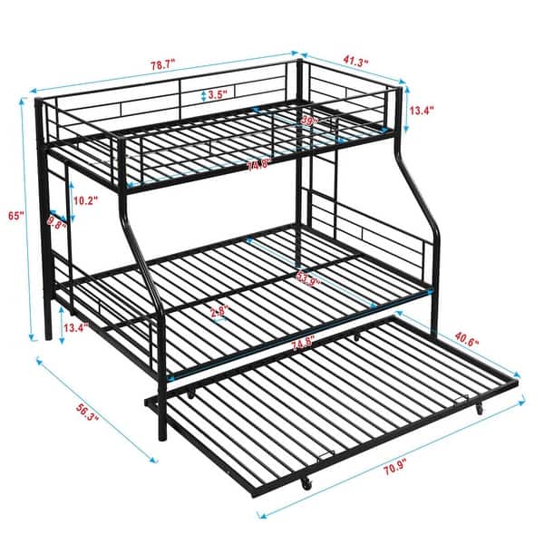 Twin Over Full Metal Bunk Bed w/Trundle,Ladder,Safety Rail & Steel Slats