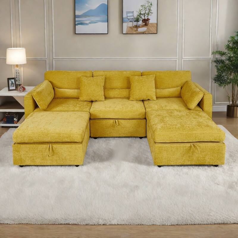 Chenille Modular Sectional Sofa with Dual Ottomans, Right-Arm Chaise and Middle Seat (500lb Capacity)