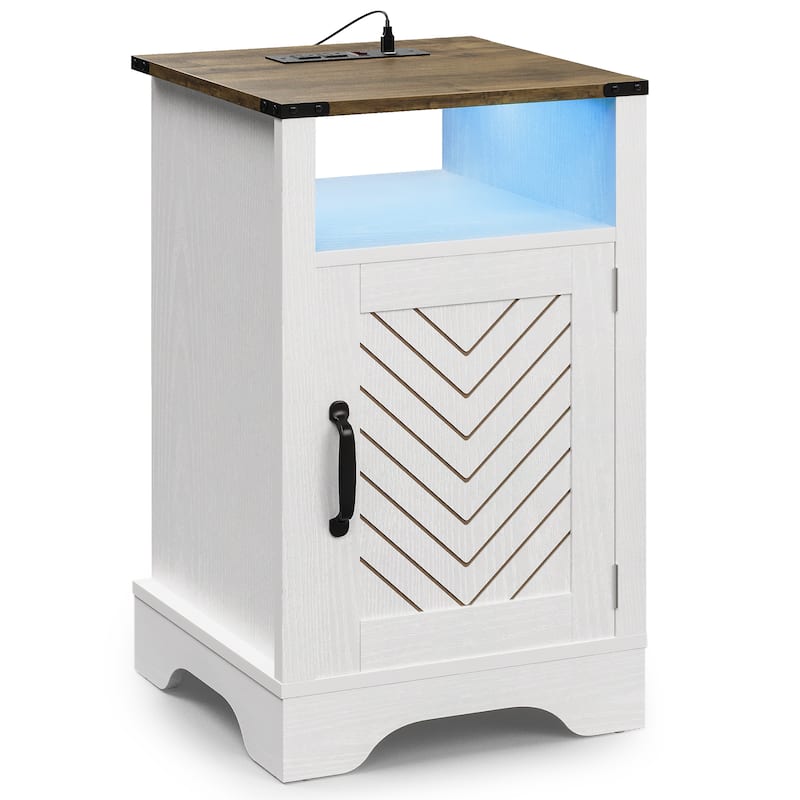 Farmhouse Nightstand With LED Lights and Charging Station