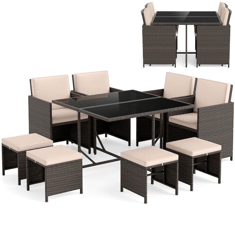 Costway 9 PCS Patio Dining Set with Tempered Glass Table & Ottoman - See Details
