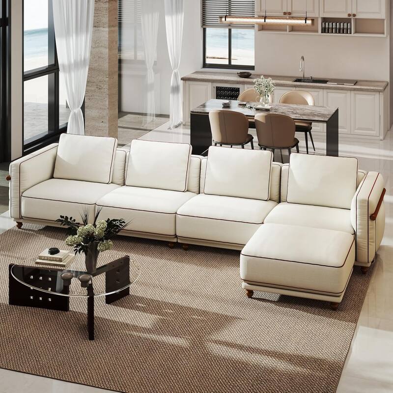 Extra Large Modular Couch White Chenille Sectional Sofa with Deep Seating, 70% Down-Filled Sofa Cushions, Removable Sofa Cover - White