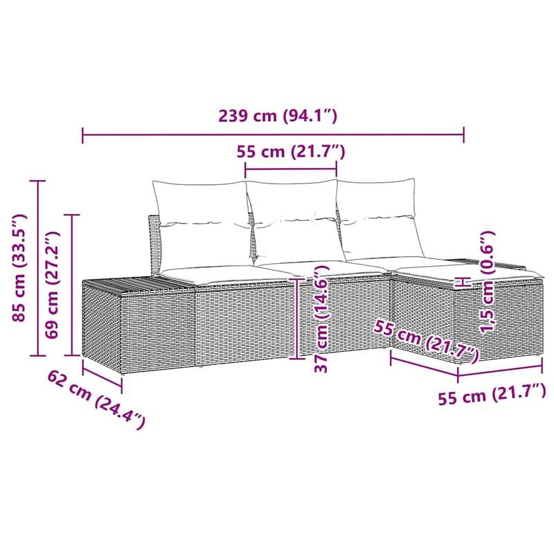 vidaXL 4 Piece Garden Sofa Set with Cushions Black Poly Rattan - 94 x 46 x 33 in