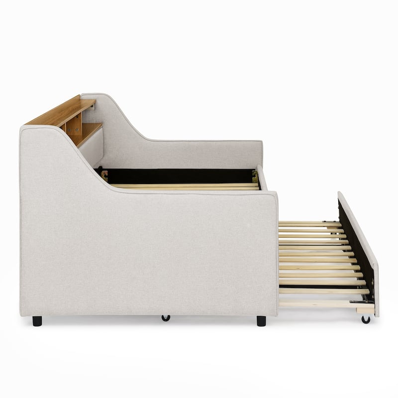 Linen Upholstered Bedframe Twin Daybed with Foldable Leg Pull Out Trundle, LED Lights, Storage Headboard and Wireless Charging