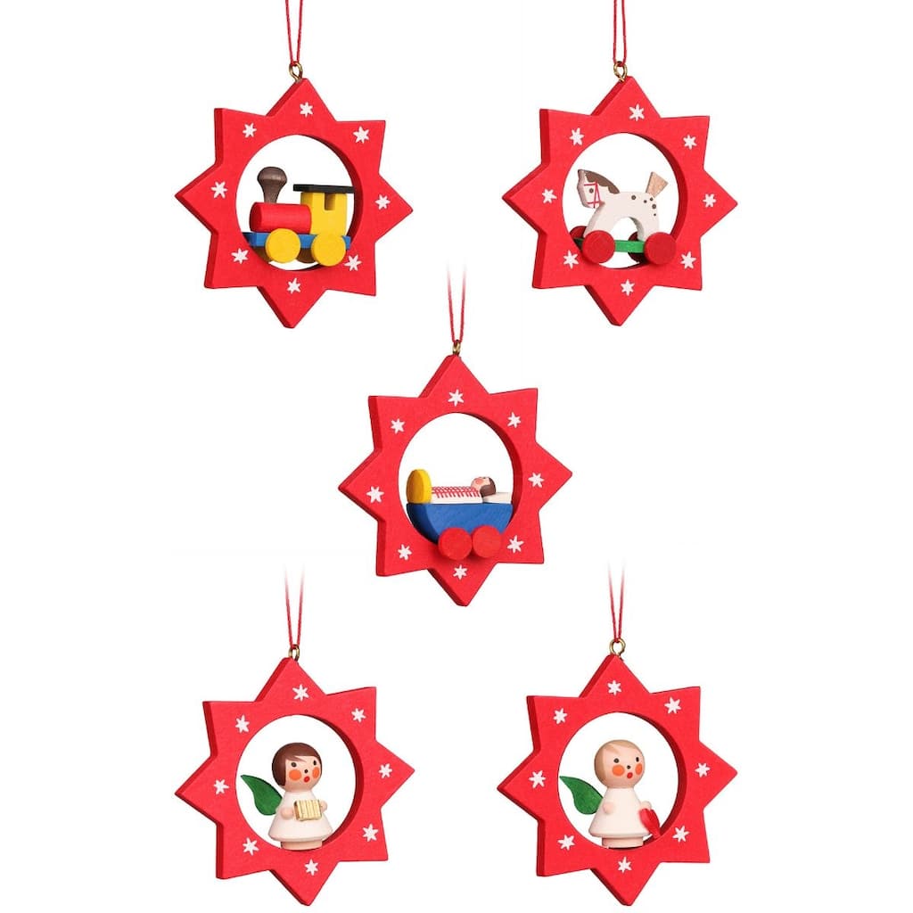 Set of 6 Christian Ulbricht Assorted Stars with Toys Christmas Ornaments 2.5"