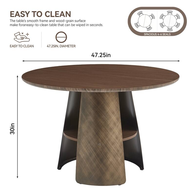 47.25 Inch Round Dining Table, Retro Style, Brushed Texture, Suitable For 4-6 People, MDF Tabletop, Metal Frame