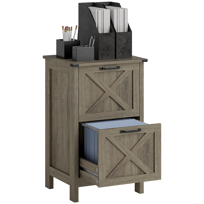 HOMCOM 2 Drawer Vertical File Cabinet with Silent Slides,Farmhouse Filing Cabinet with Barn Doors for A4/Letter Size - Grey