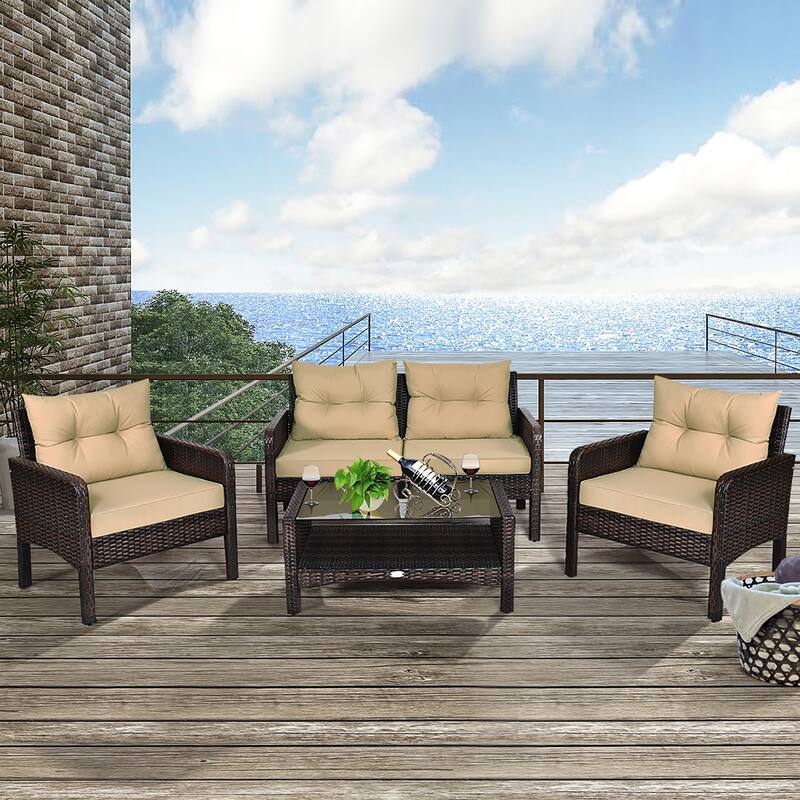 4PCS Patio Rattan Conversation Furniture Set Outdoor Wicker Sofa Set