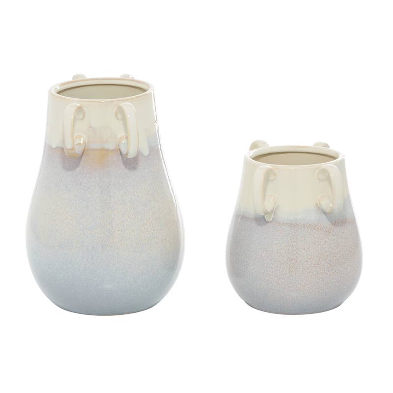White Ceramic Decorative Vase with Handles (Set of 2) - 10 x 9 x 12