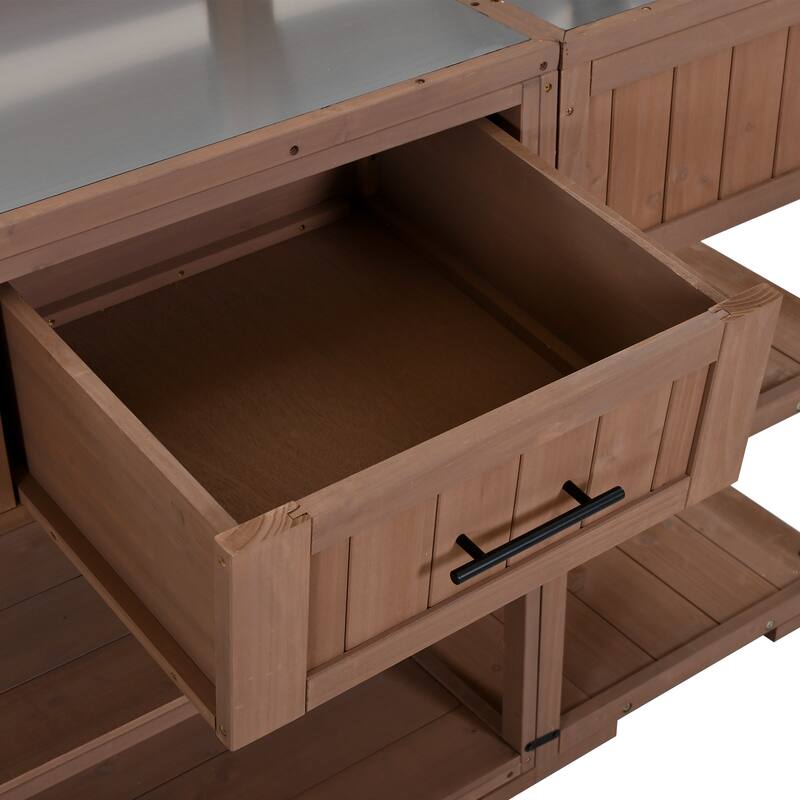 Solid Wood 62.3'' Patio Kitchen Island Kitchen Cart with Stainless Table Top, Garden Potting Bench with Raised Shelf and Drawers