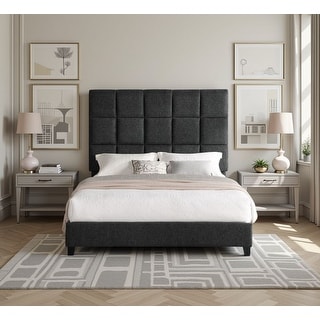 Bridgevine Home Tall Granite Dark Grey Square Headboard Upholstered Platform Bed