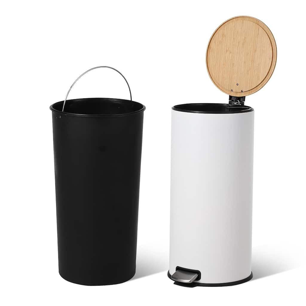 8 Gallon/30L Slim Stainless Steel Trash Can with Bamboo Lid Soft-Close Hands-Free Foot Pedal and Removable Bucket White