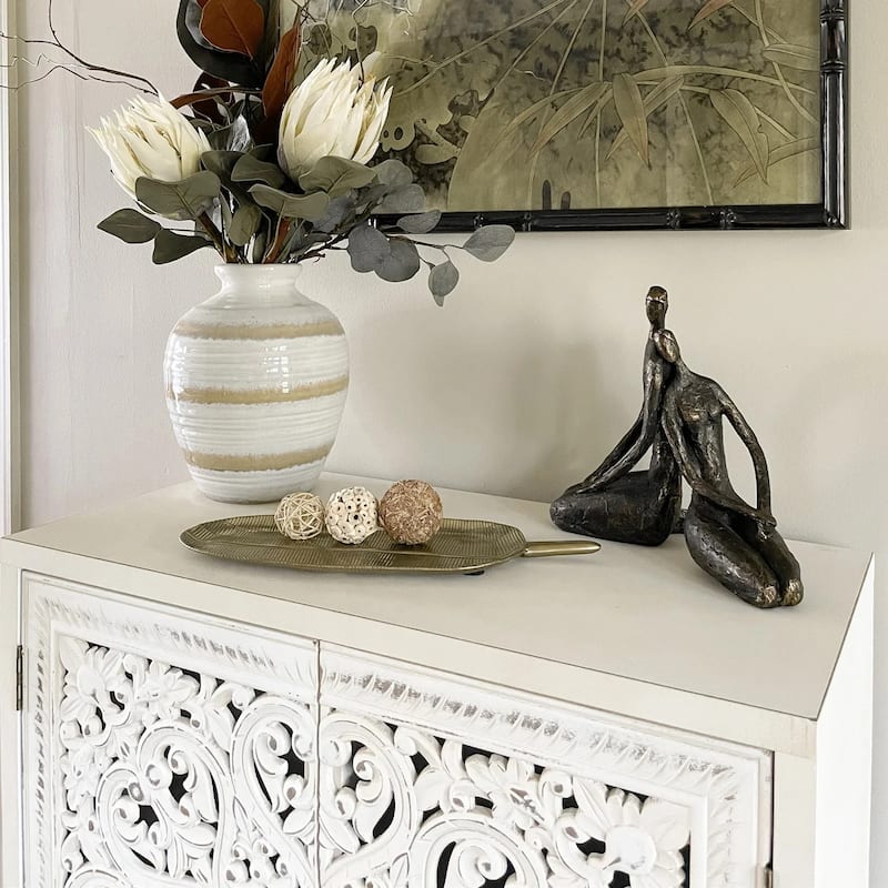 2-Door White Flower Hollow-Carved Metal Feet Cabinet