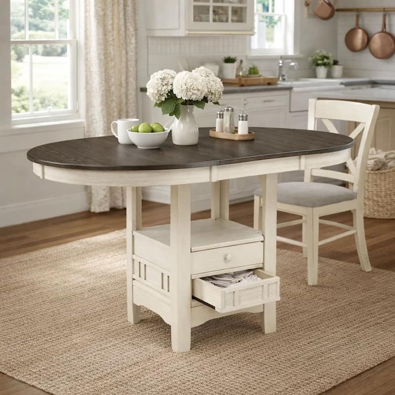 Glee 42-60 Inch Extendable Counter Height Table, Antique White and Brown