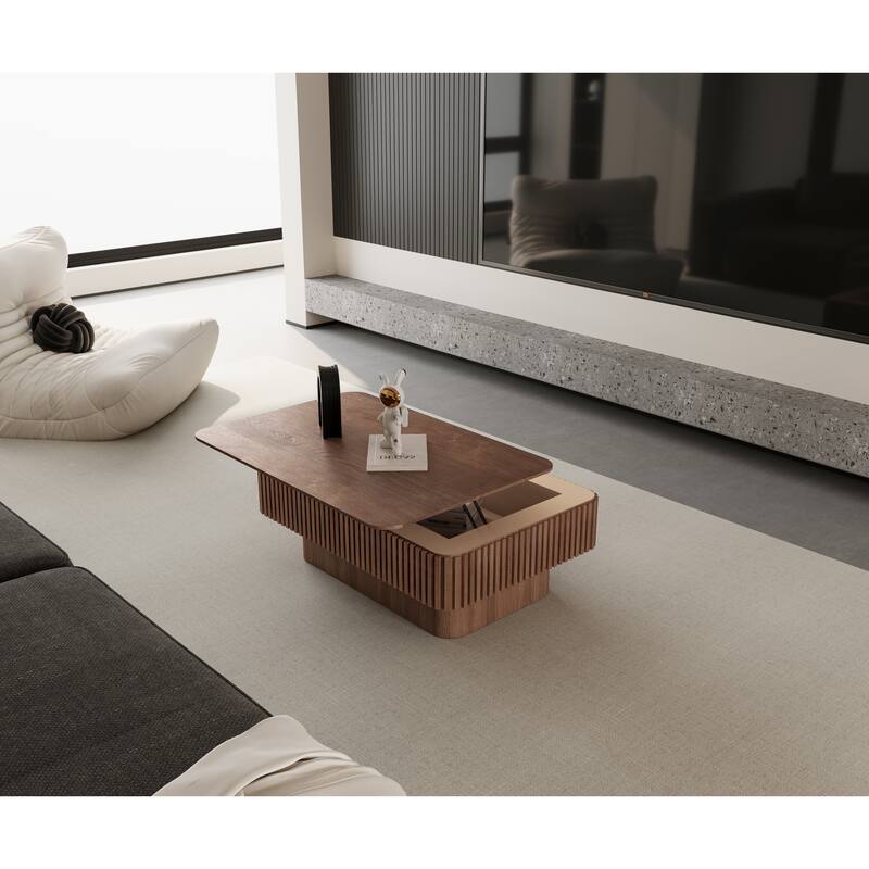 Fluted 38.6" Lift-top Coffee Table, Solid Wood Modern Accent Table with Storage and Adjustable Height