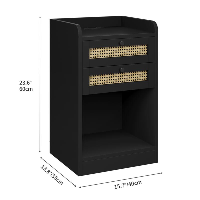 Moasis Rattan Set of 2 Nightstand with Charging Station LED Lights