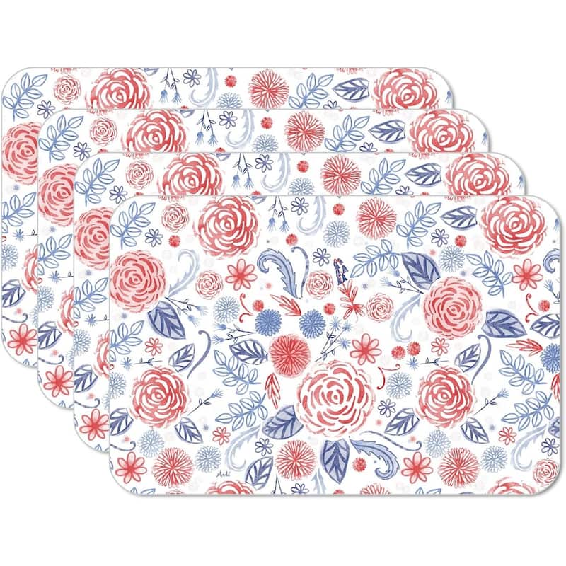 Patrioitic Picnic 4 Pack Reversible Easy Care Flexible Plastic Placemats Made in The USA BPA Free Easily Wipes Clean - Multi