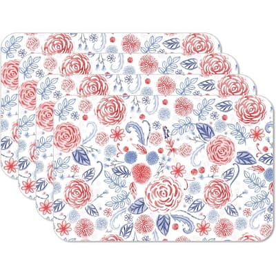 Patrioitic Picnic 4 Pack Reversible Easy Care Flexible Plastic Placemats Made in The USA BPA Free Easily Wipes Clean