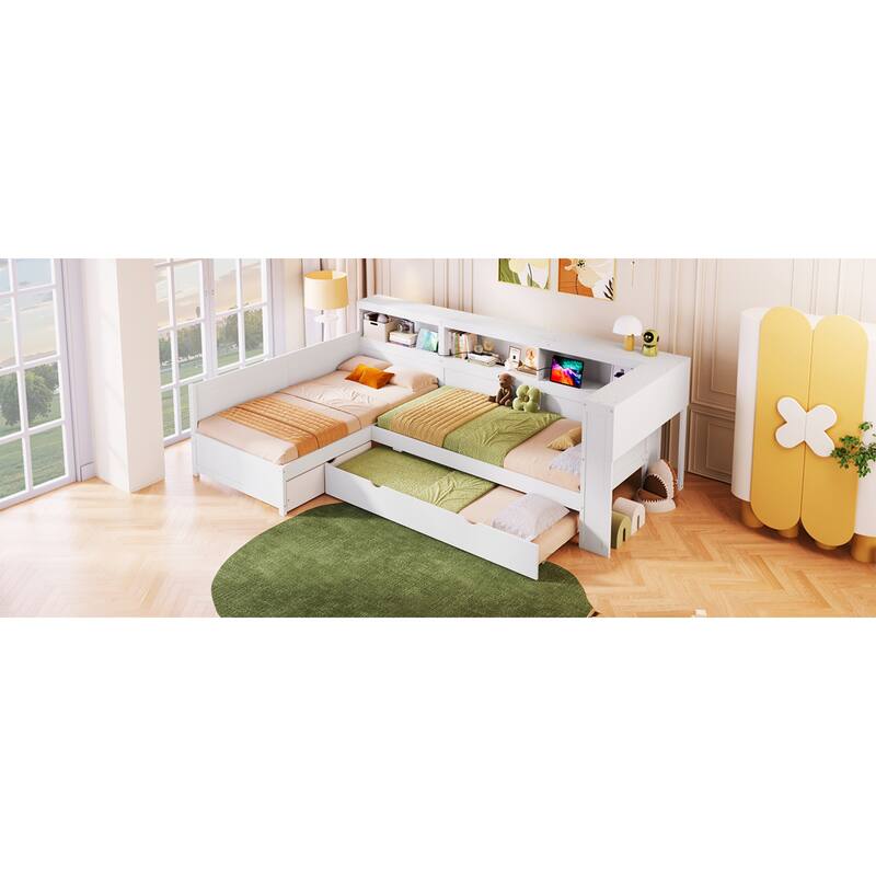 Roomfitters Twin L-Shaped Platform Bed with Trundle, Drawer and Charging Station