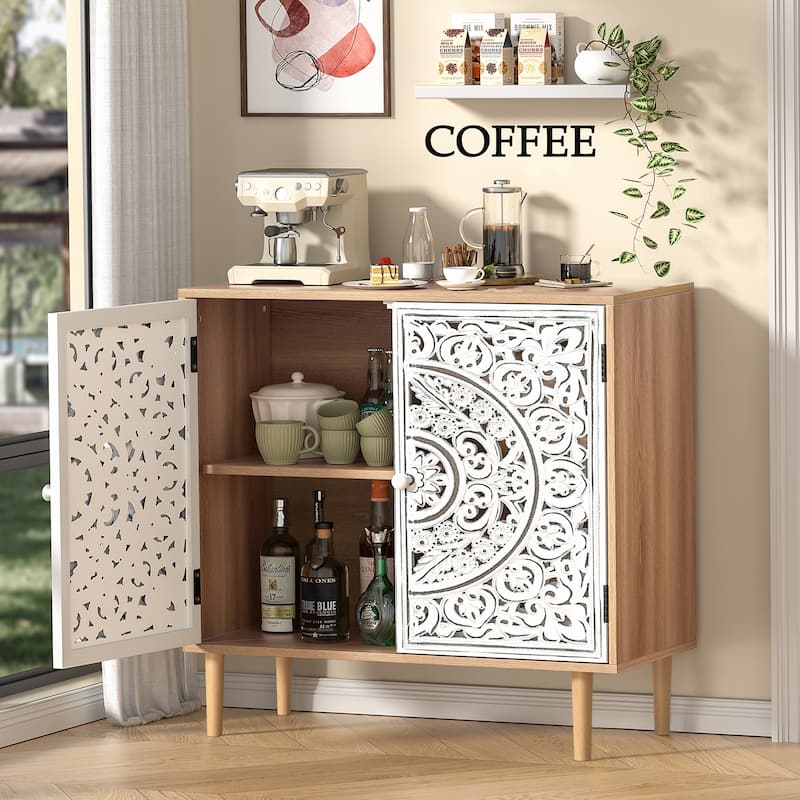 Anmytek 2-Door Hollow-Carved Wood Buffets and Sideboards Storage Cabinet for Living Room - 31.5"W x 13.78"D x 30.71"H